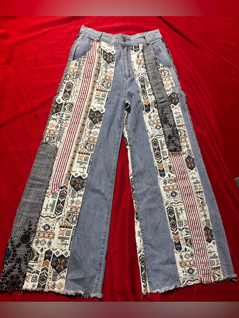 POL Boho Patchwork Wide-Leg Jeans in Blue, White, Black, Tan